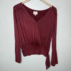 Deletta Bell Sleeve V-Neck Faux Wrap Red Sirpo Top Womens Medium Blouse Side Tie